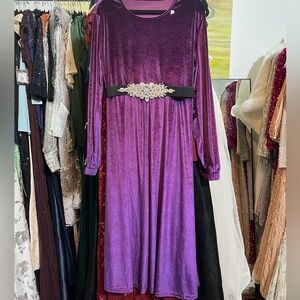Purple velvet dress with rhinestone elastic belt